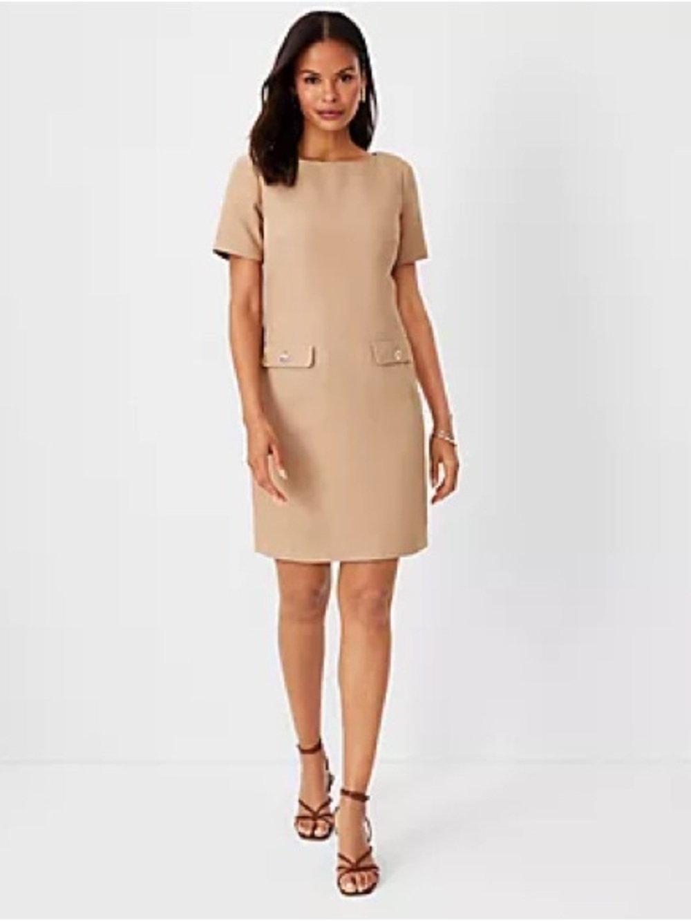 Ann Taylor Cafe Au Lait Tan Textured Shift Dress Petite 8P Workwear
